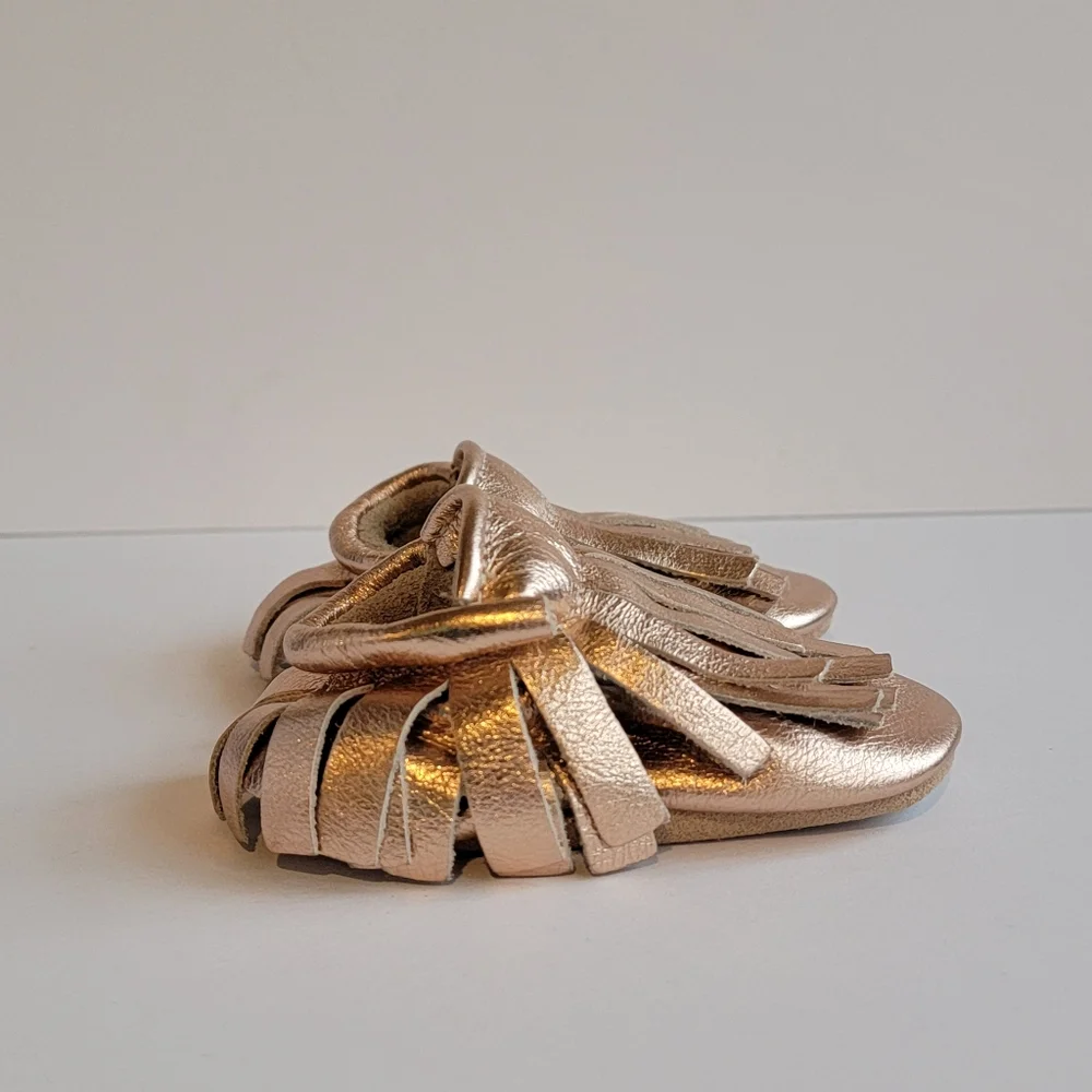 Rose Gold leather fringe baby Moccasin shoe baby bootie leather handmade